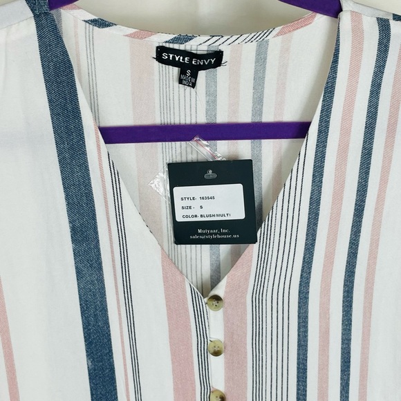 NWT Style Envy - Button Up Crop Top, White w/Pink & Blue Strips (Small) - Picture 6 of 7